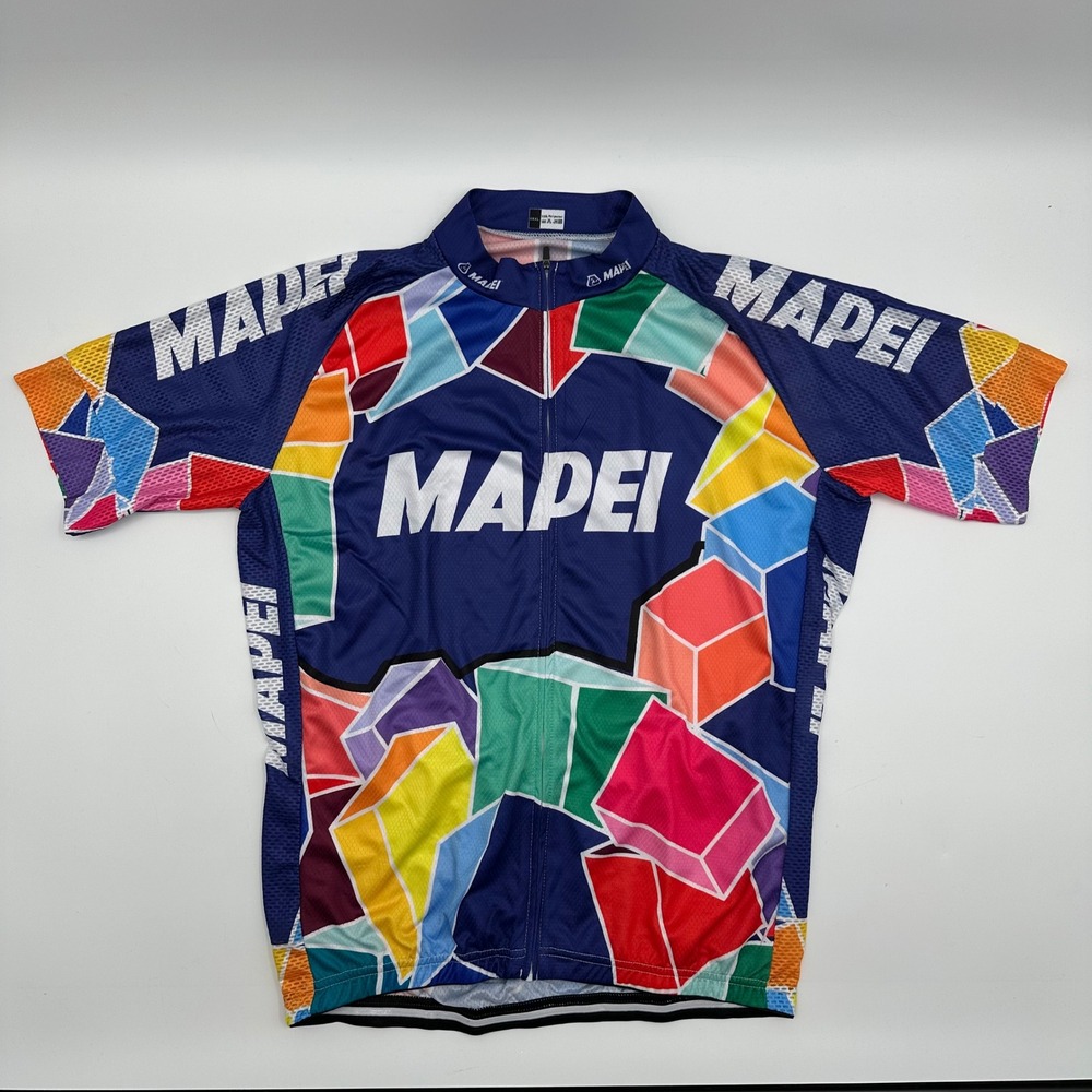 Mapei Cycling Jersey Mens XXXL Blue Multi Color Geometric Cube Short Sleeve Zip